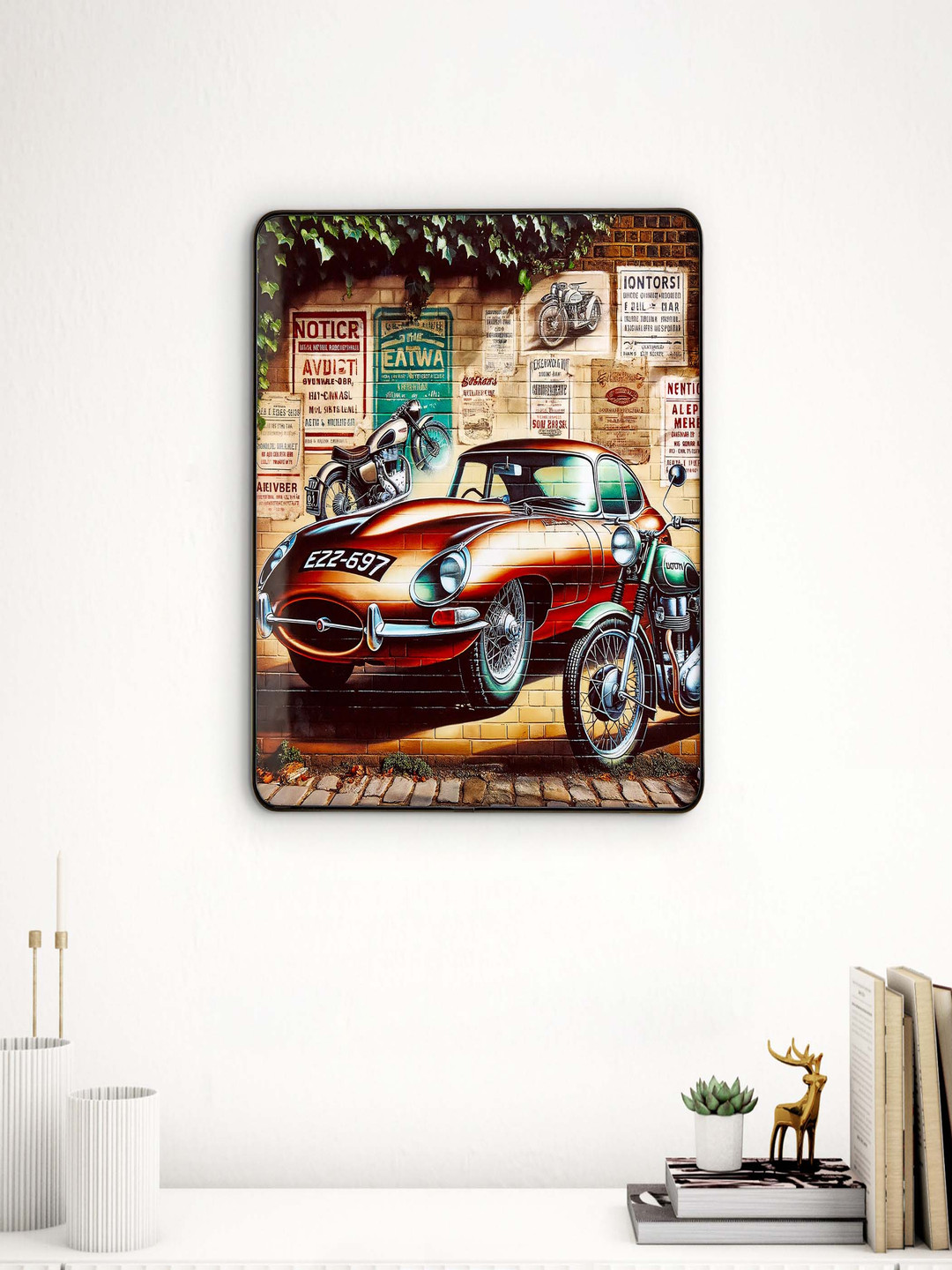 Home Centre Aura Retro Red & Brown Car Printed Rectangular MDF Wall Photo Frames