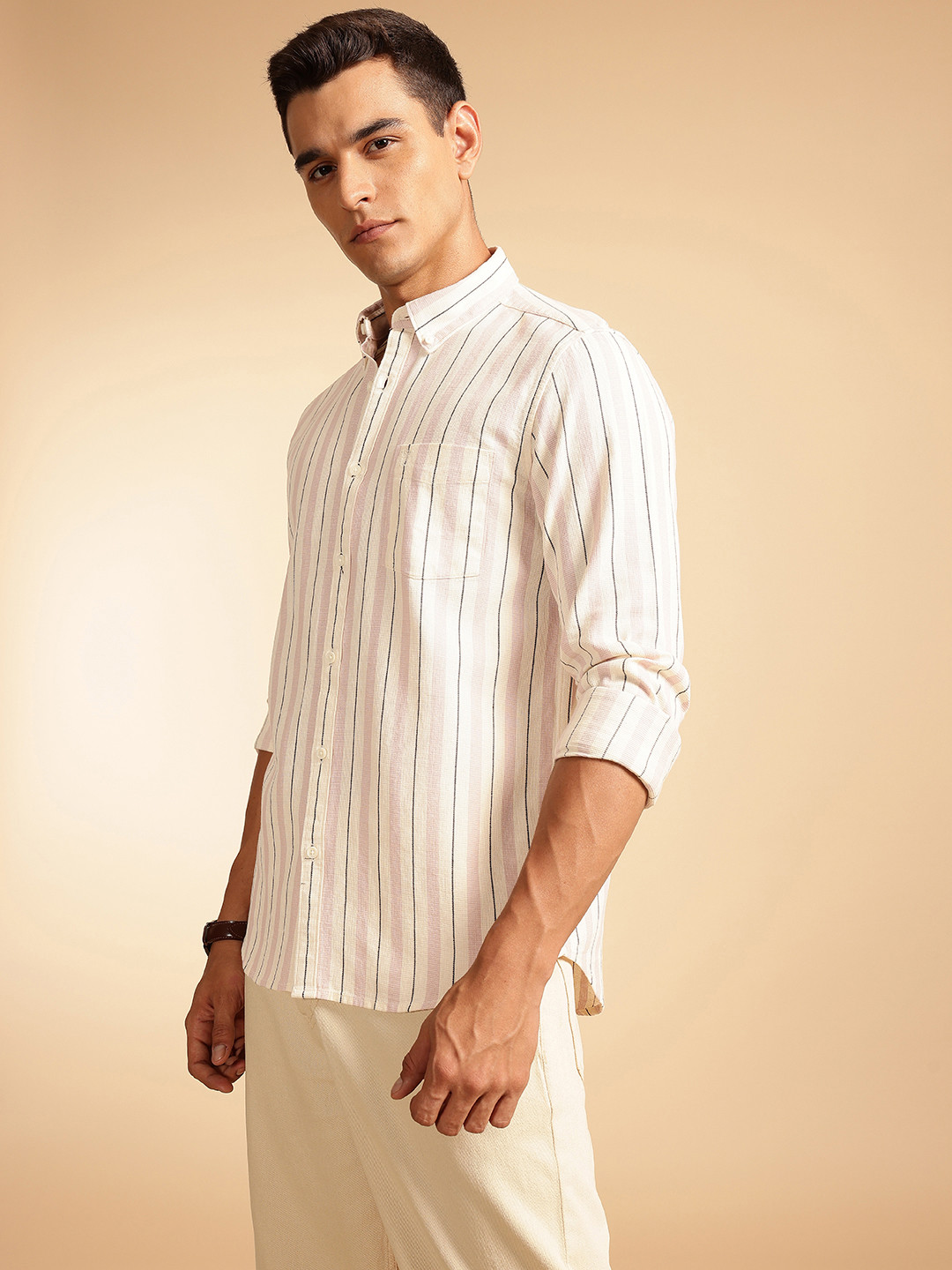 French Connection Pure Cotton Button-Down Collar Striped Knitted Casual Shirt