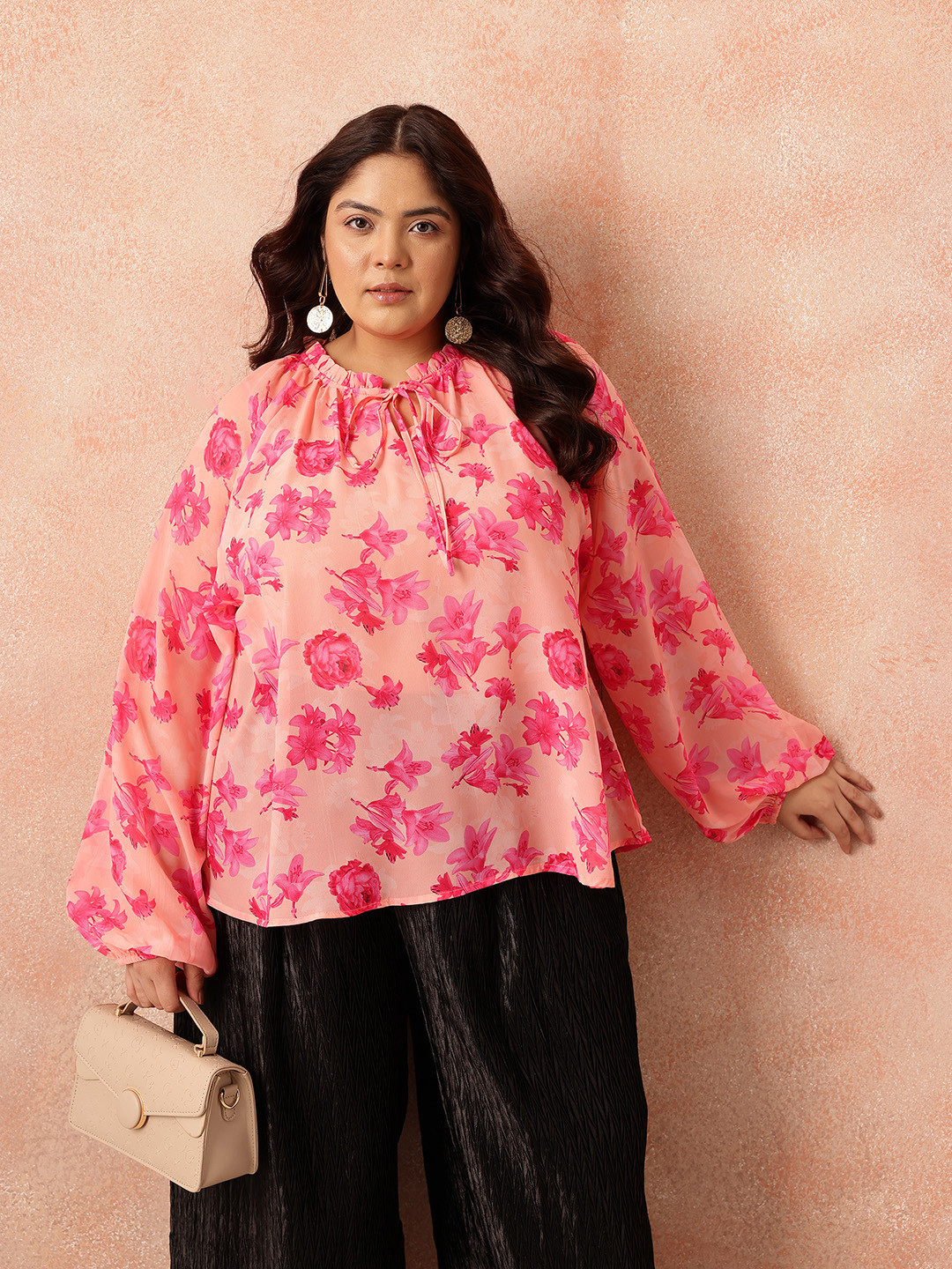 all about you Plus Size Floral Print Tie-Up Neck Puff Sleeves Semi-Sheer Georgette Top