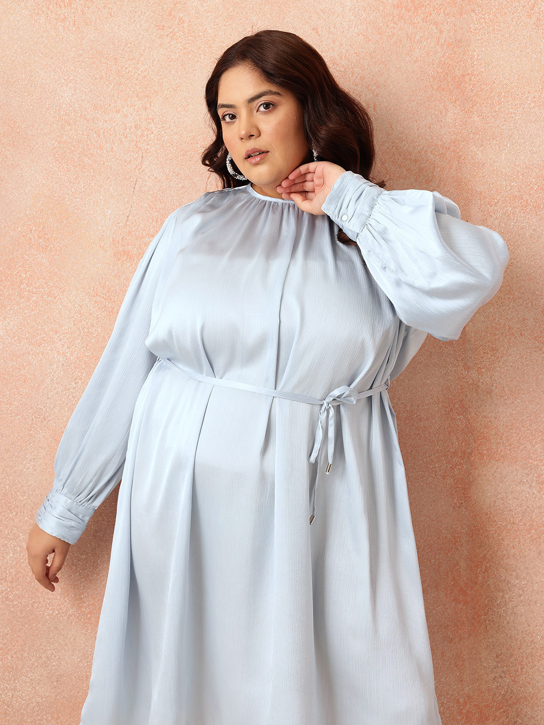 all about you Plus Size Puff Sleeve Satin Finish A-Line Party Dress with Tir-up Detail