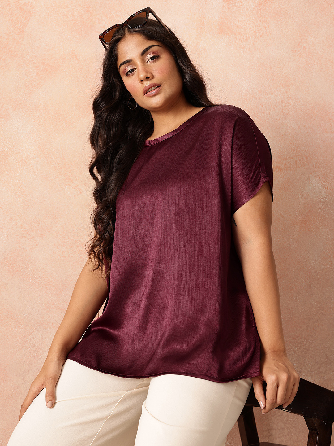 all about you Plus Size Extended Sleeves Sheen Satin-Finish Top