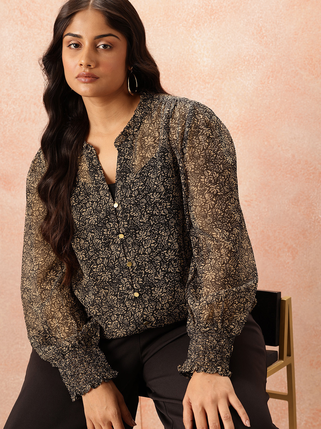 all about you Plus Size Floral Print Sheer Shirt Style Top