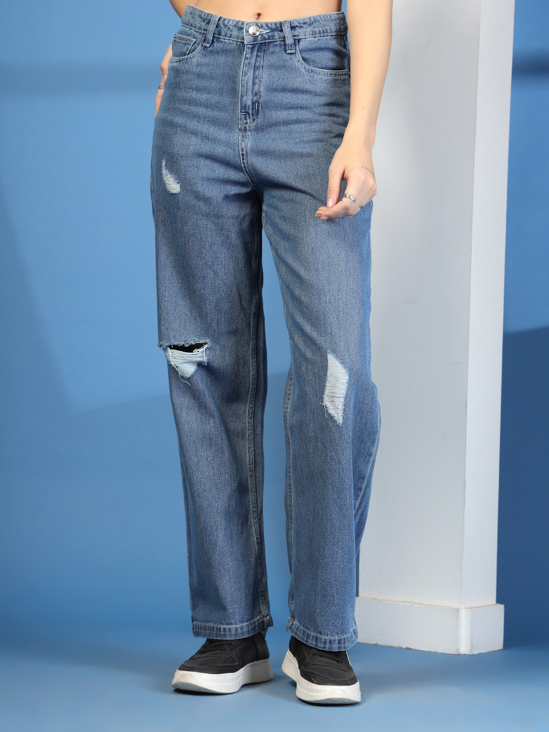 COSMIC TRIO Women Cotton High-Rise Straight Fit Low Distress Jeans