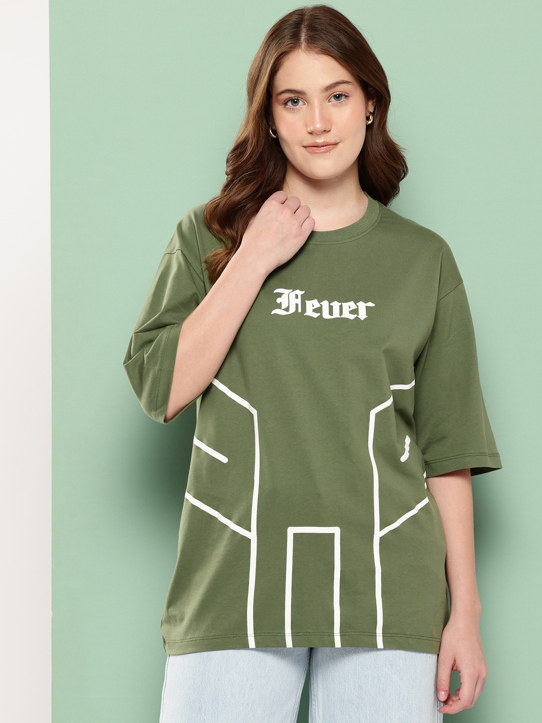 FEVER HUNT Typography Printed Drop-Shoulder Sleeves Oversized T-shirt