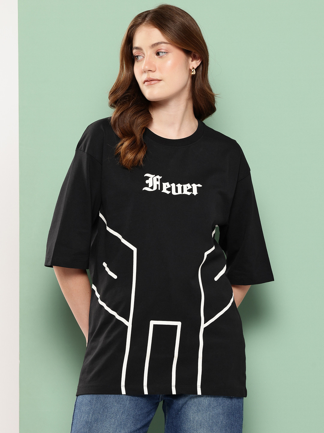 FEVER HUNT Typography Printed Drop-Shoulder Sleeves Oversized T-shirt
