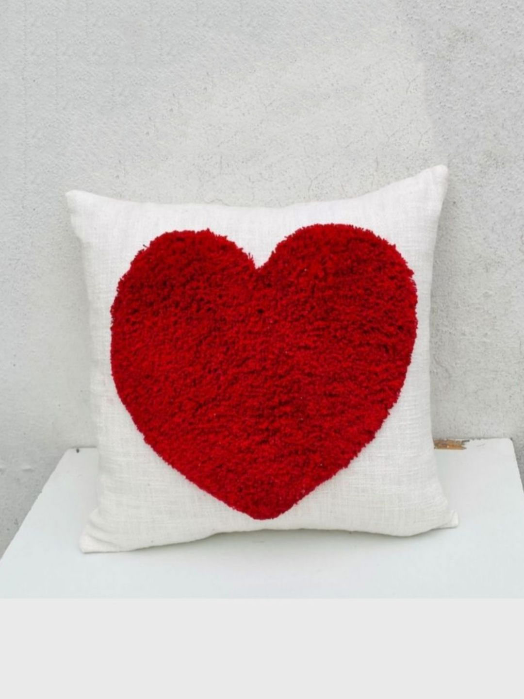 THROWPILLOW White & Red Quirky Embroidered Heart Shaped Linen Square Cushion Cover