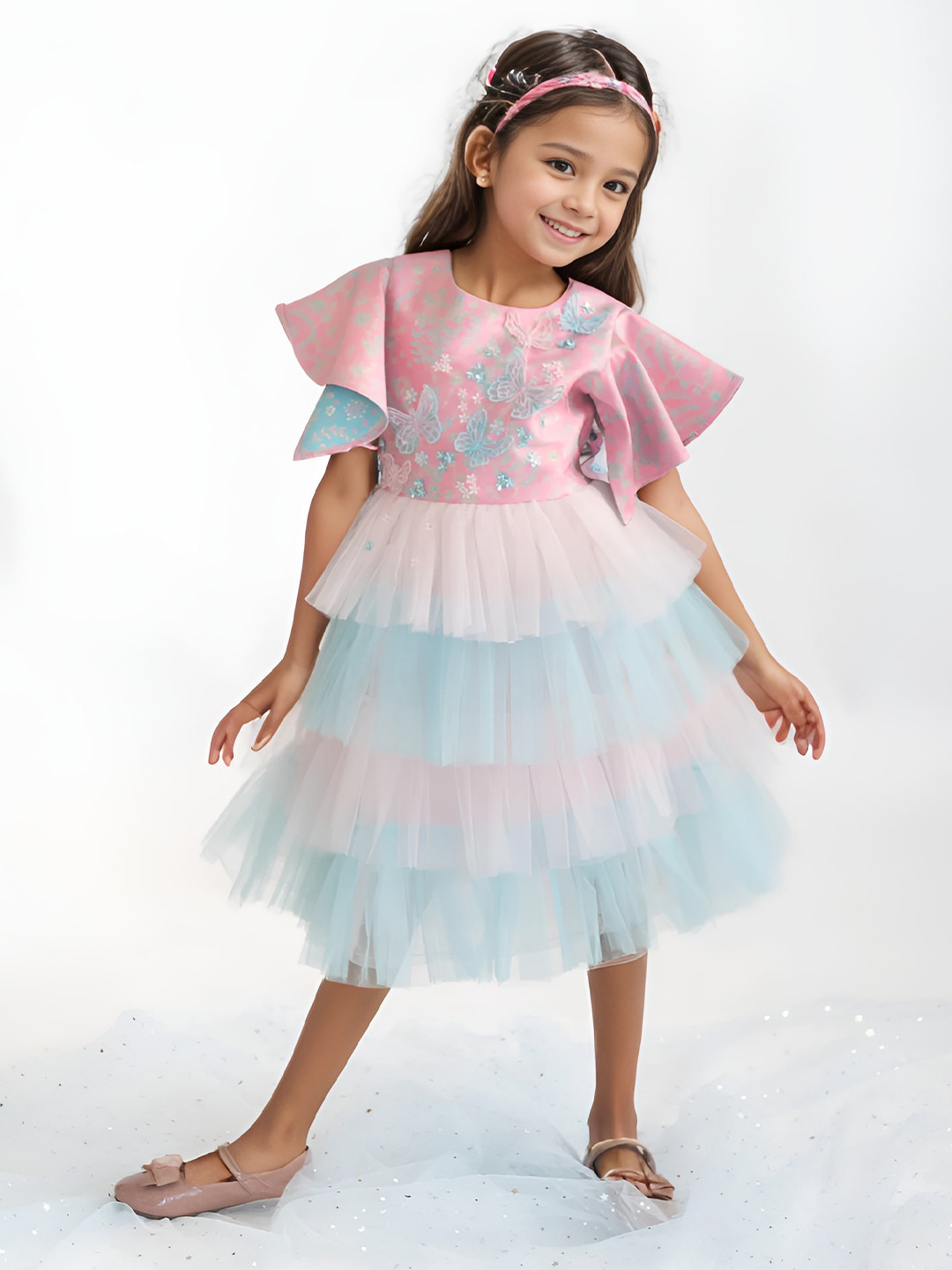 A Little Fable Girls Multi Coloured Solid Round Neck Flared Sleeve Fit & Flare Dress
