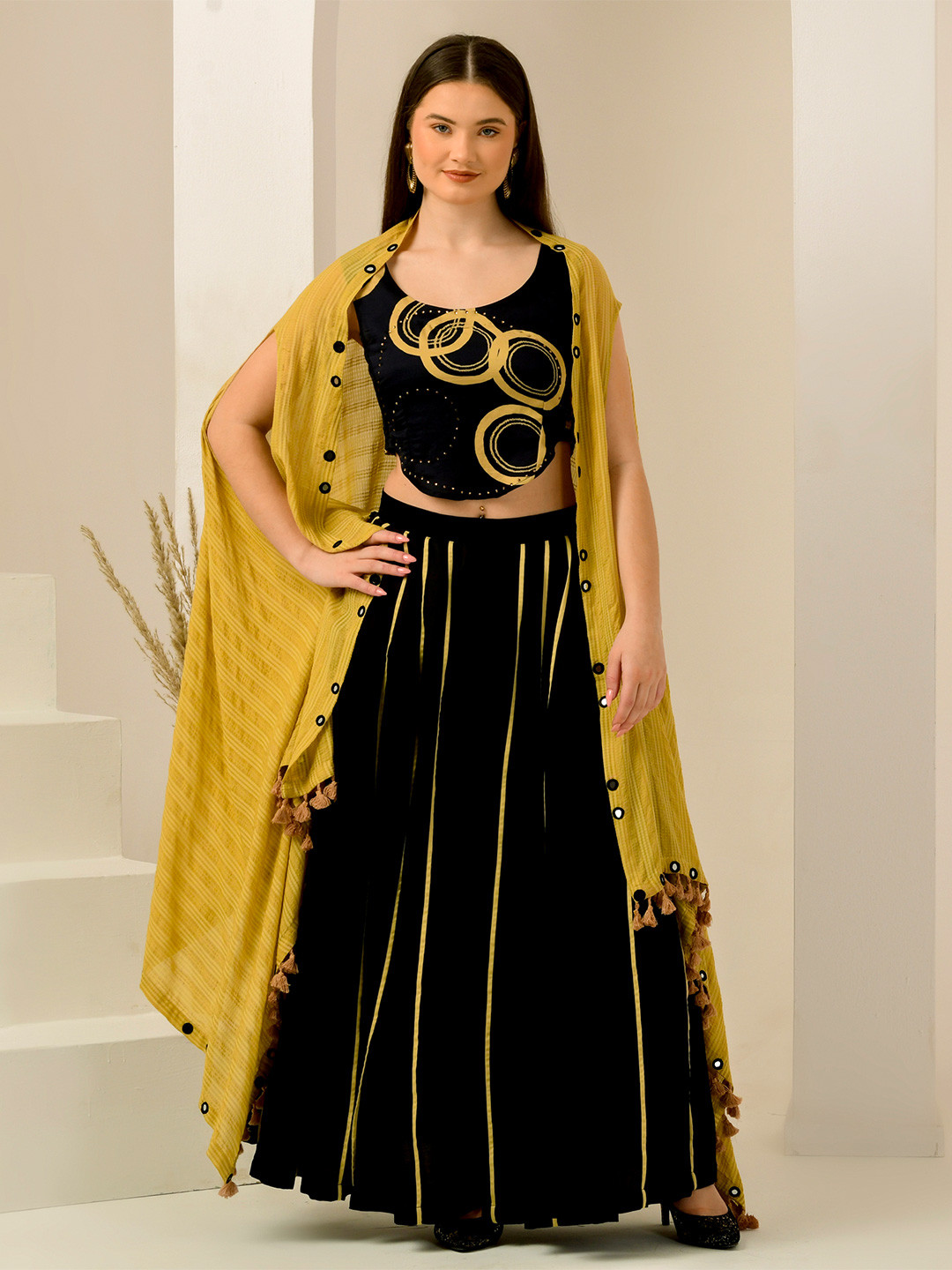 First Resort by Ramola Bachchan Striped Open Front Dipped Longline Shrug