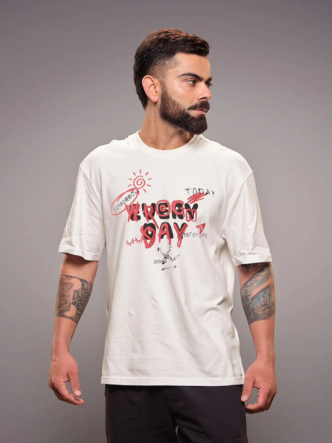 WROGN Men Typography Printed Round Neck Cotton Oversized T-shirt