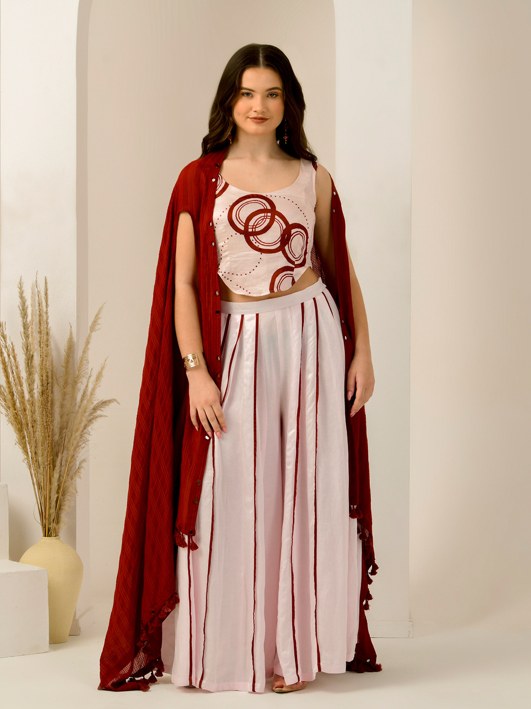 First Resort by Ramola Bachchan Momoir Geometric Printed Linen Top And Palazzo With Shrug