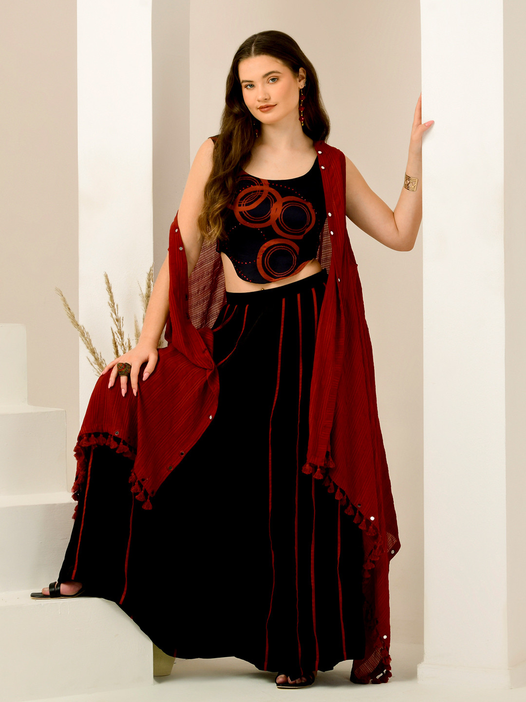 First Resort by Ramola Bachchan Geometric Printed Linen Top With Palazzos And Shurg