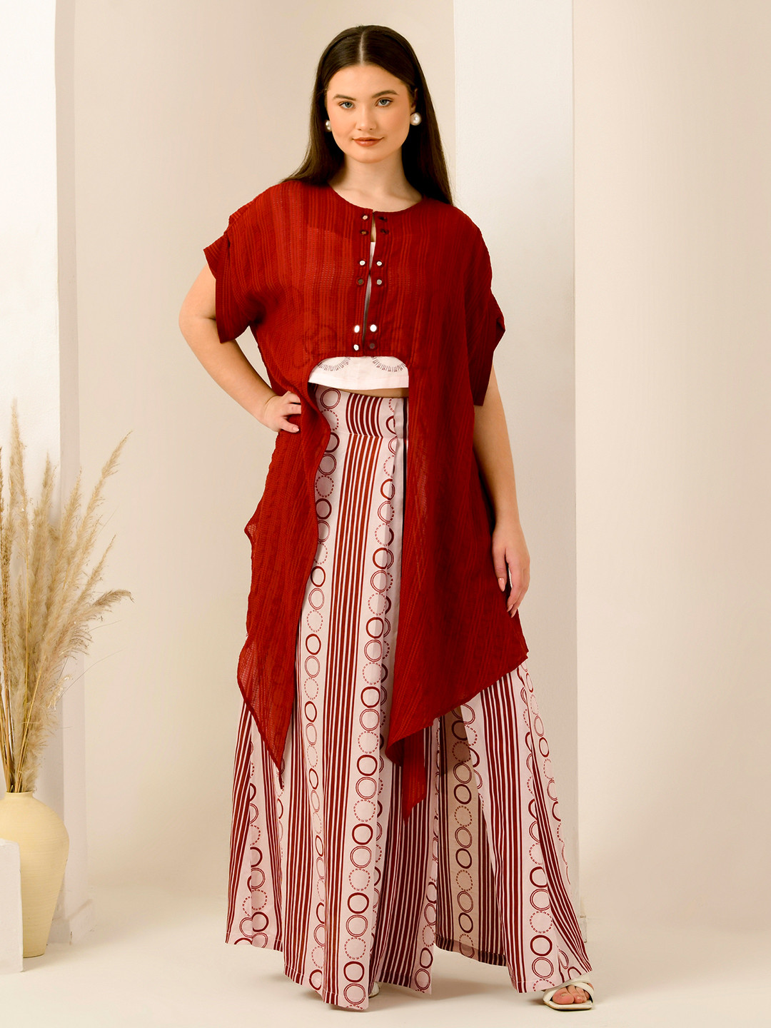 First Resort by Ramola Bachchan Printed Round Neck Linen Cover-Up & Crop Top With Skirt