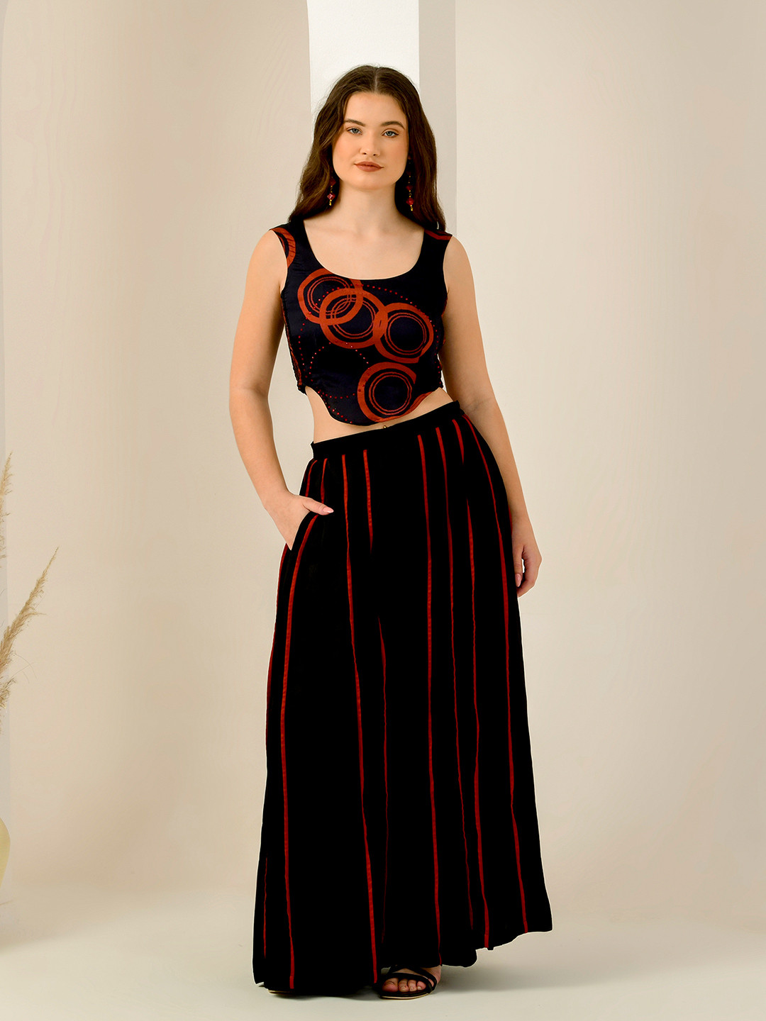 First Resort by Ramola Bachchan Momoir Printed Round Neck Linen Crop Top With Palazzo