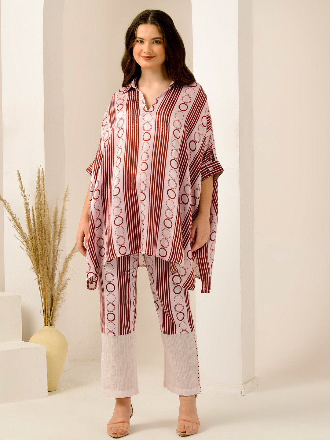 PFirst Resort by Ramola Bachchan Printed Shirt Collar Linen Kaftan Top With Trouser