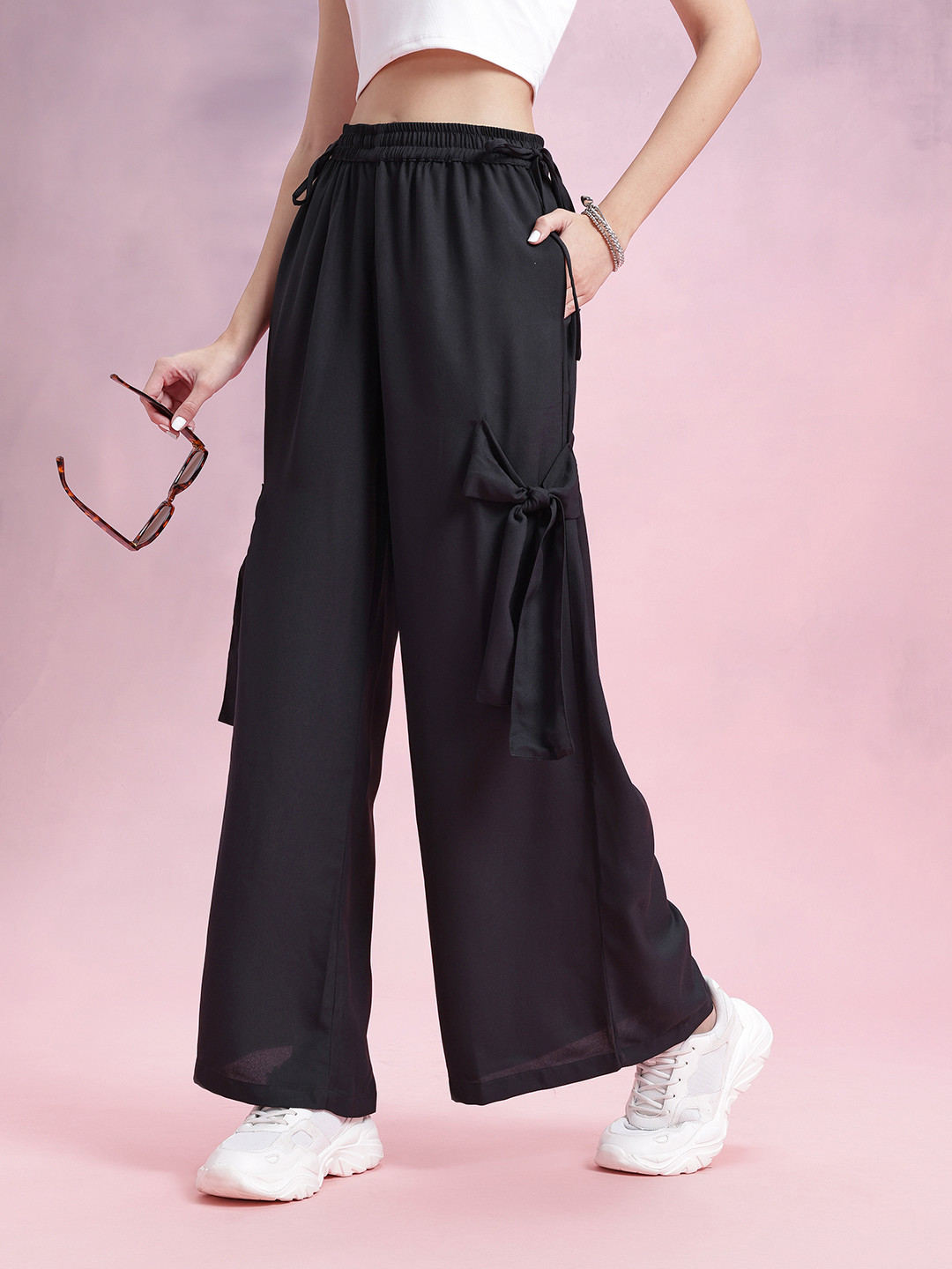 DressBerry Women Mid-Rise Flared Fit Cargo-Style Wide Leg Trousers with Bow Detail