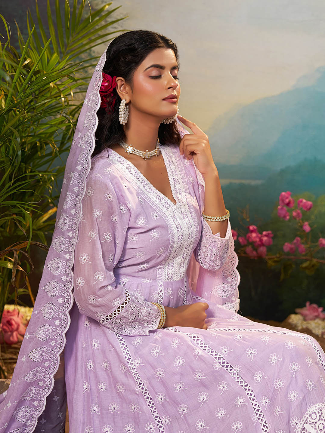 Indo Era Floral Embroidered Pure Cotton Anarkali Kurta With Trousers & Dupatta