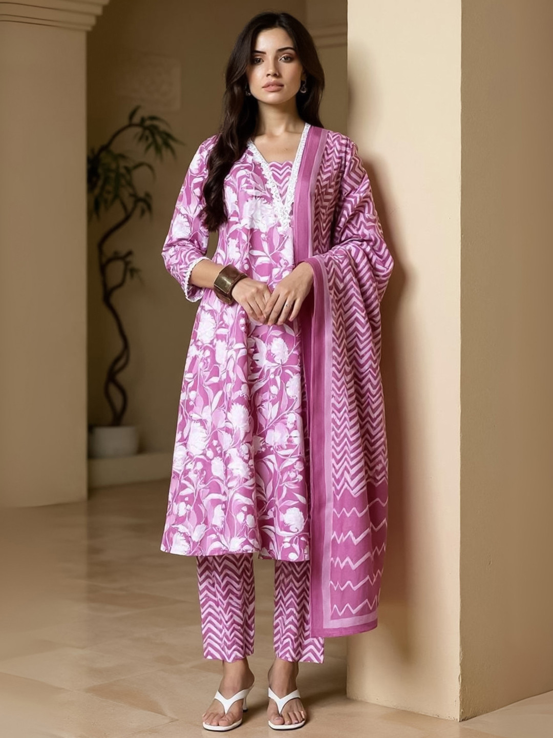 Indo Era Floral Printed V Neck Pure Cotton Panelled A-Line Kurta with Trousers & Dupatta
