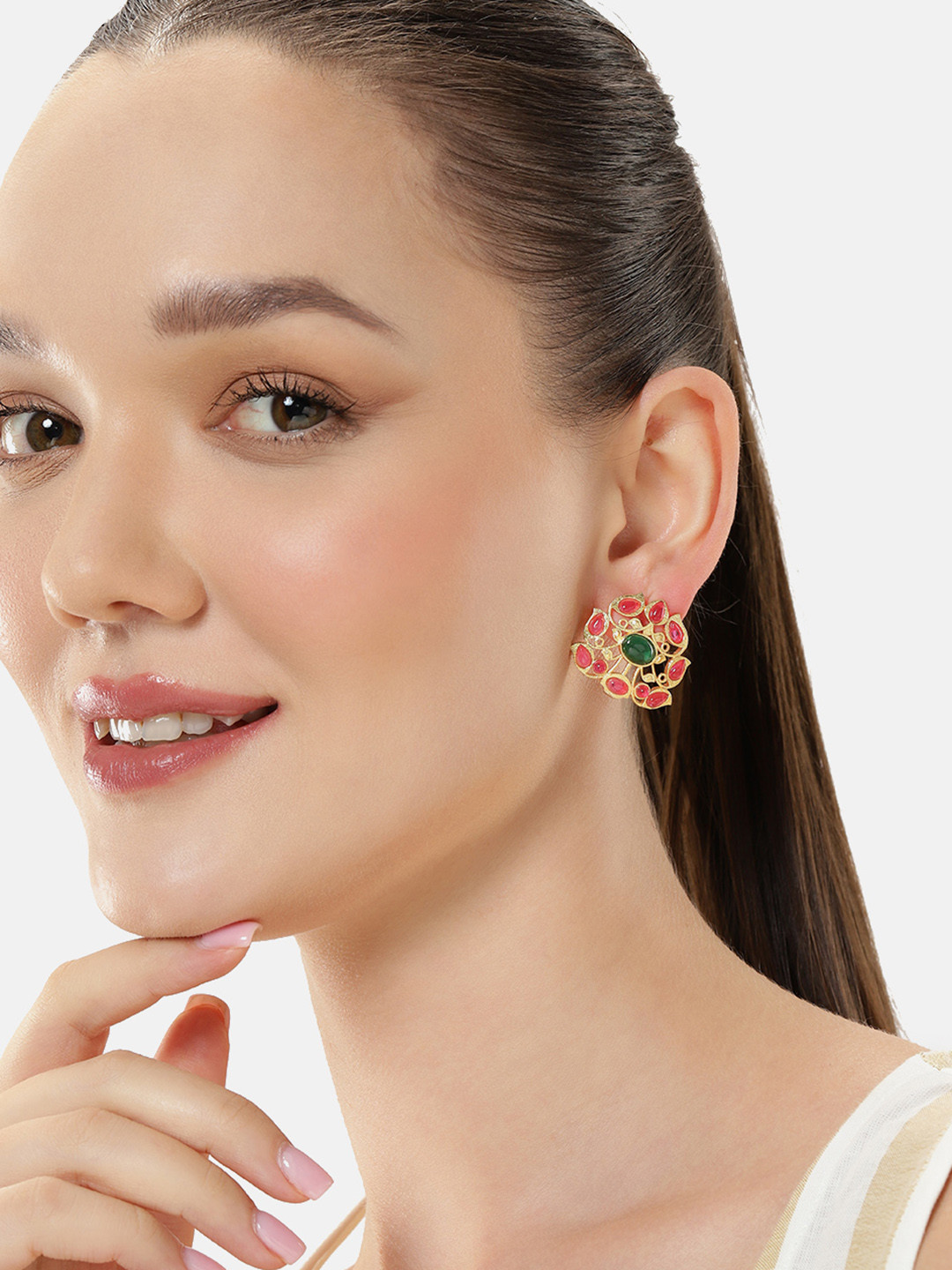 AITIHYA Gold Plated Kemp Stone Studded Contemporary Studs Earrings