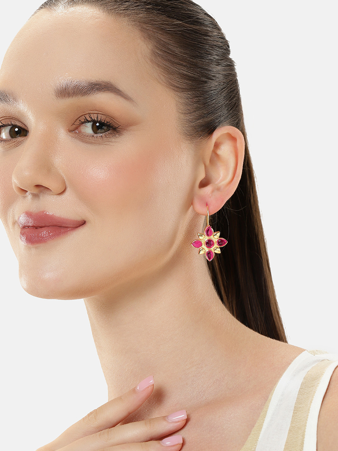 AITIHYA Gold-Plated Faux Ruby Stone Studded Floral Drop Earrings