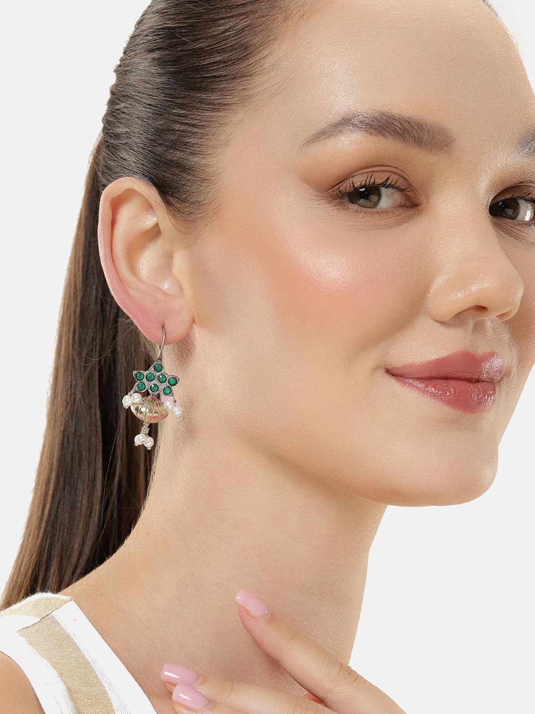 AITIHYA Silver & Gold Plated Kemp Stone Studded Antique Drop Earrings