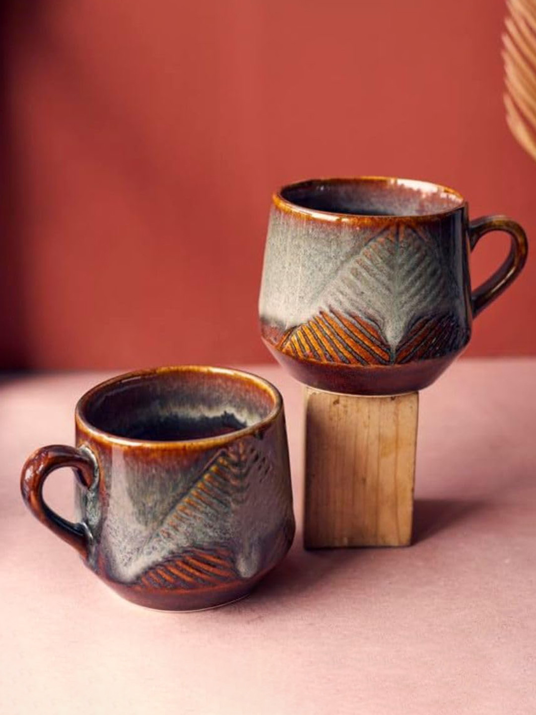 Rare Planet Rakshabandhan Gift White Leaf Ceramic Handcrafted 2 Piece Mugs-200ml