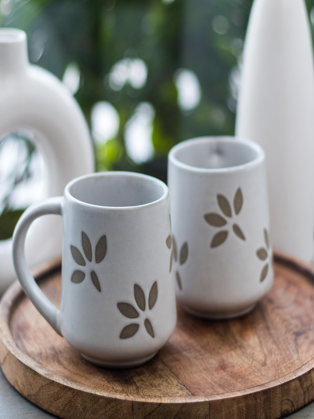 Rare Planet Cloudy White Floral Ceramic Handmade 2 Piece Mugs-250ml