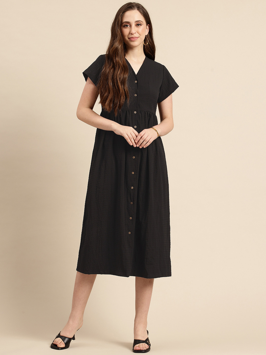 A&K Black Solid A-Line Midi Dress