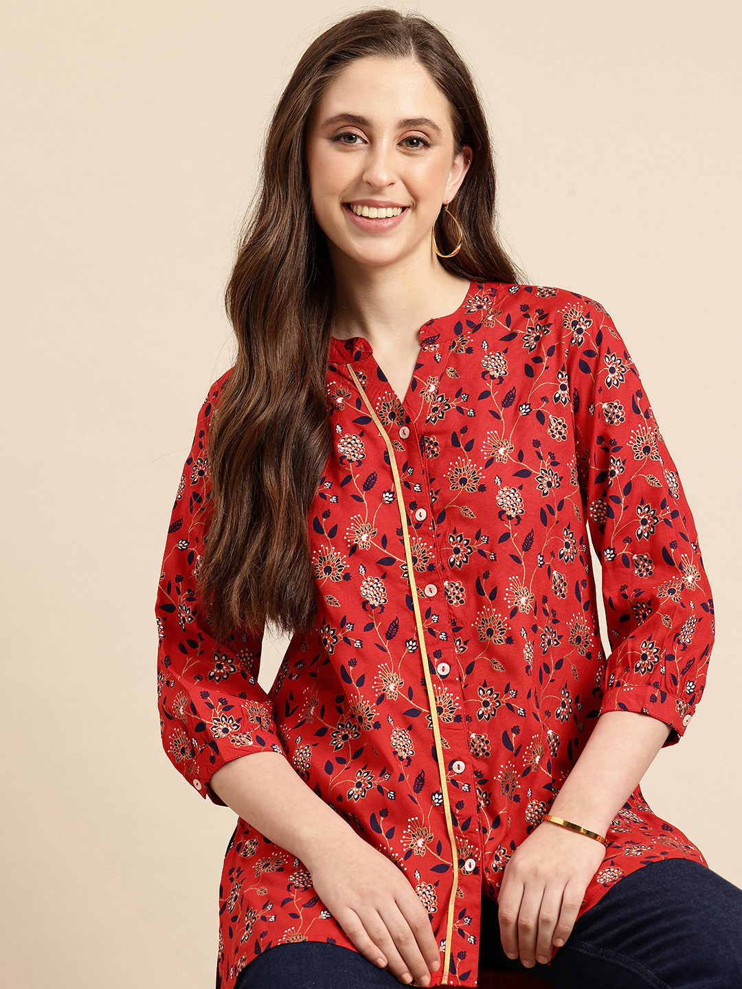 A&K Floral Print Mandarin Collar Ethnic Shirt Style Top