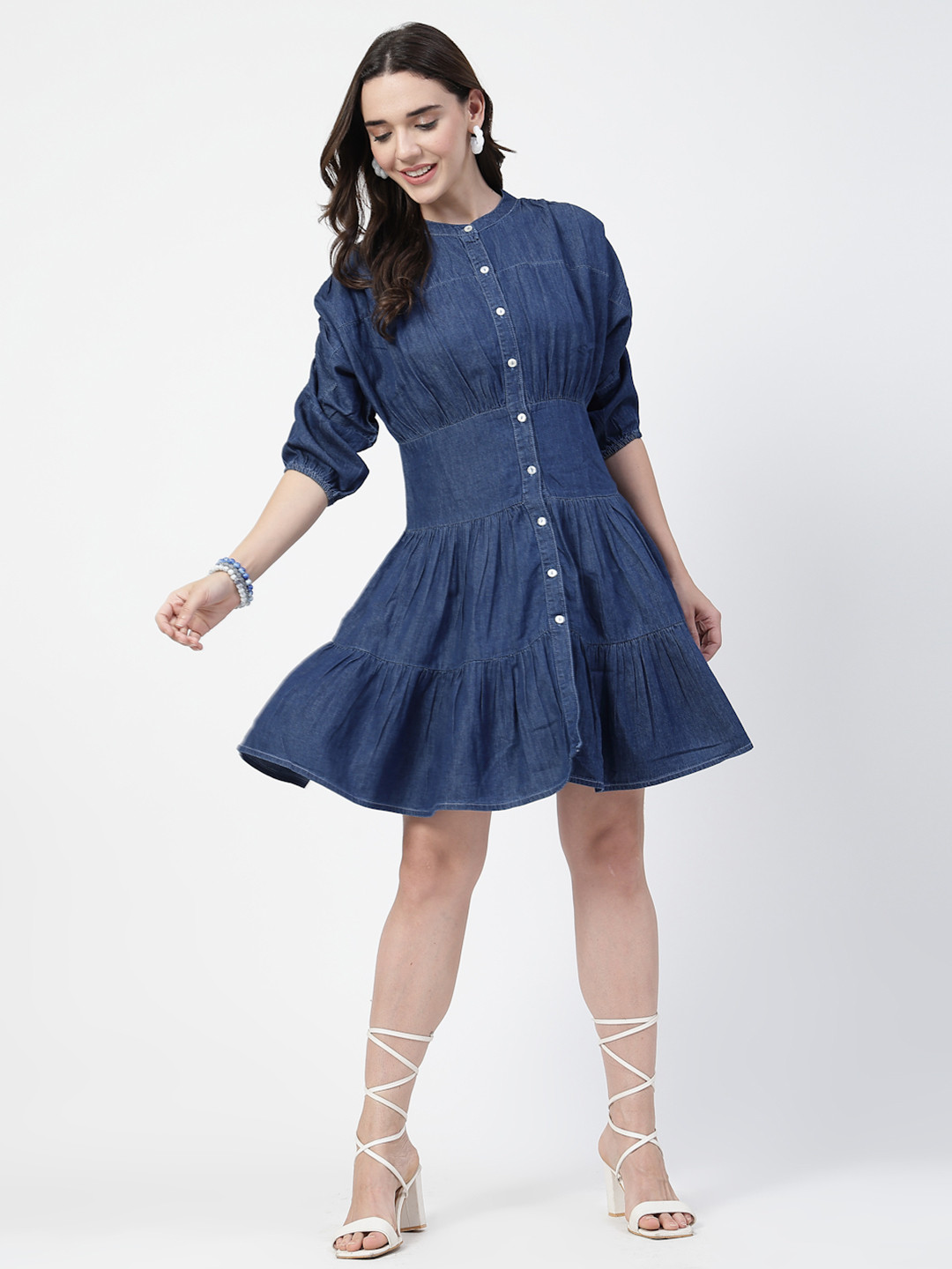 COSMIC TRIO Women Puff Sleeve Tiered Denim Fit & Flare Dress