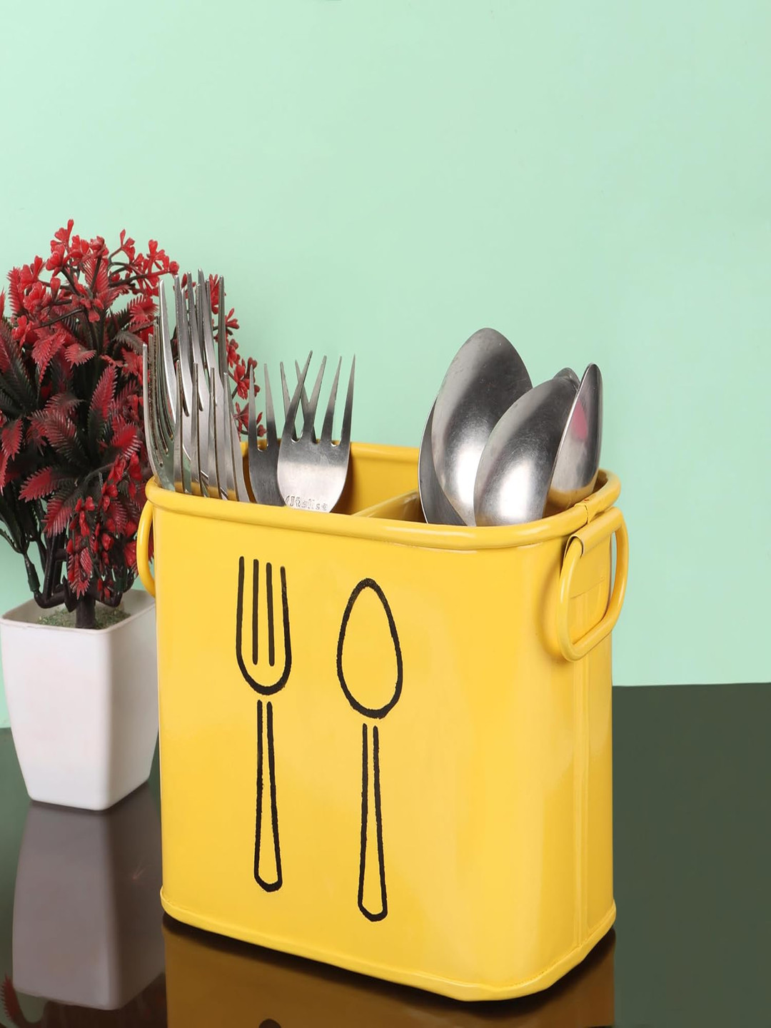 Homspurts Yellow & Black Spoon & Fork Printed Cutlery Holder