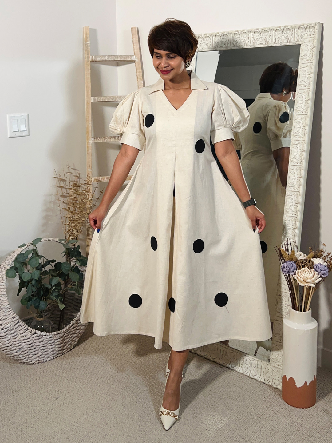 FFI  Women Summer Dots Khadi Midi Dress