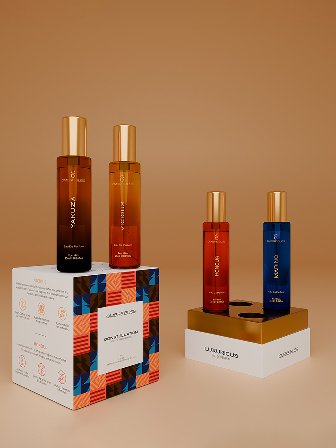 OMBRE BLISS Men Pack of 4 Marnio, Vicious, Yazuka & Honour Eua De Parfum - 25 ml Each