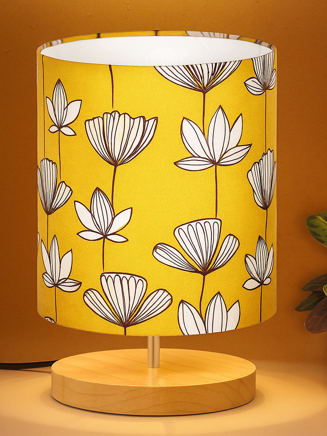 Homesake Pine Yellow and White Floral Printed Wooden Cylindrical Shaped Table Lamp