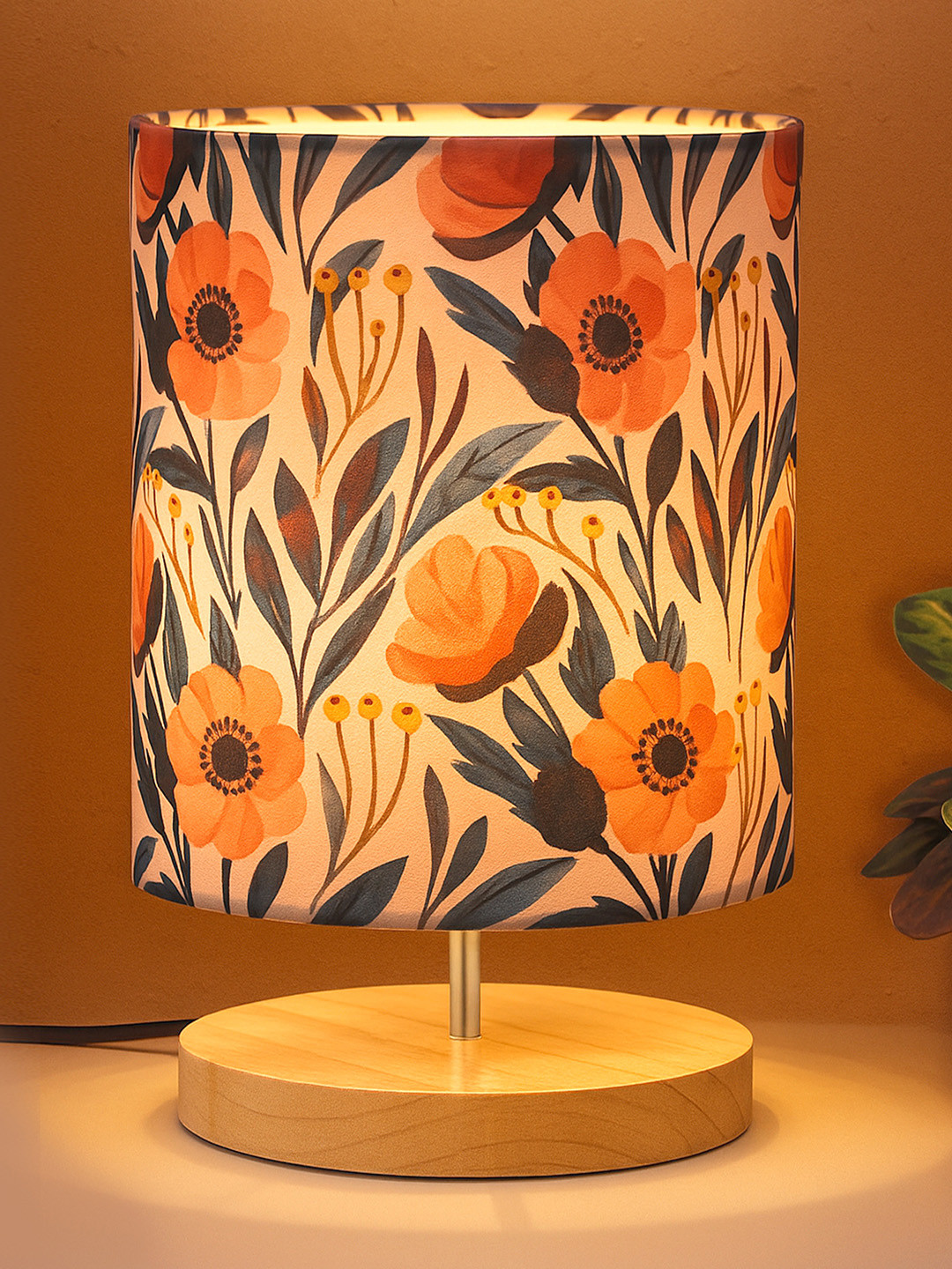 Homesake Pine White and Blue Floral Printed Wooden Cylindrical Shaped Table Lamp