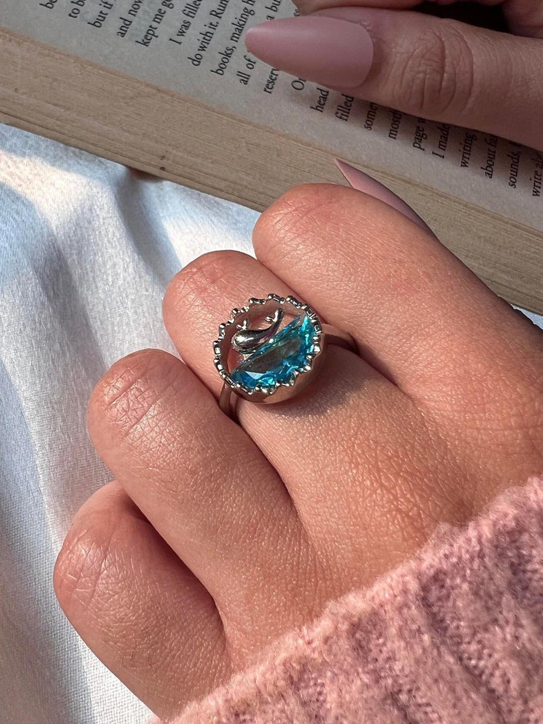 ISHKAARA Silver-Plated Stone Studded Dolphin Ocean Ring