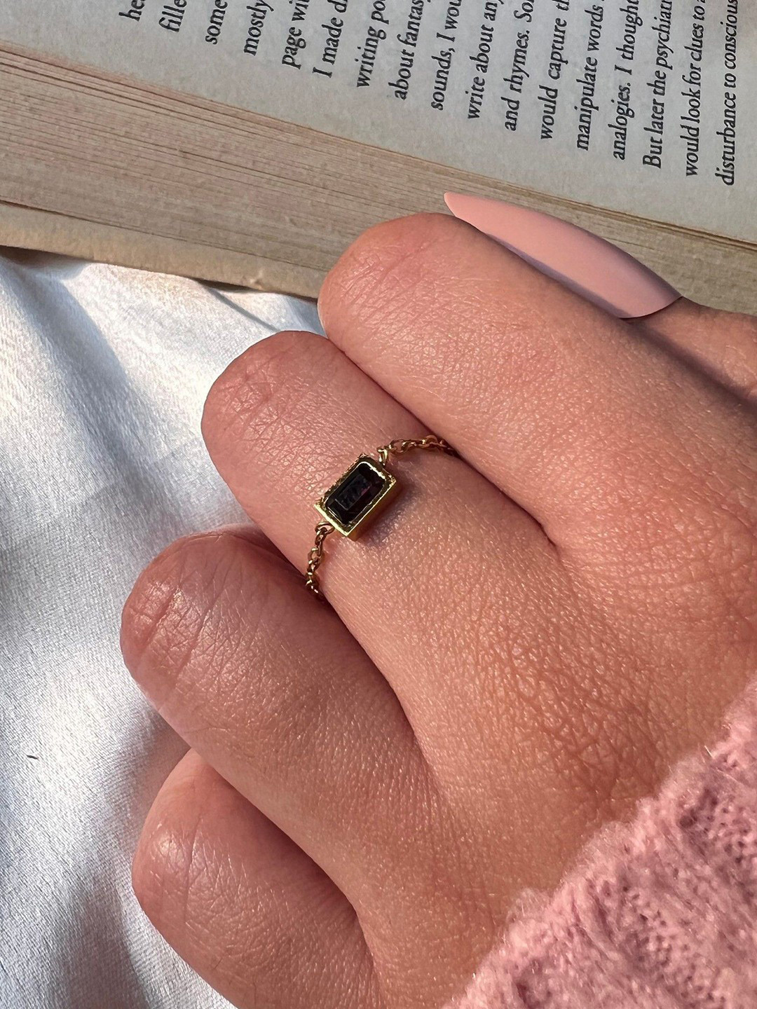 ISHKAARA Black Gold-Plated Crystals Stone Studded Chain Ring