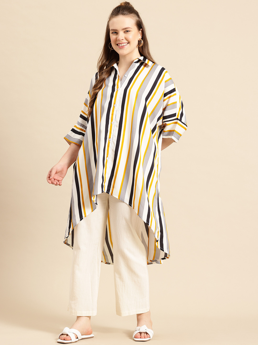 Qurvii Women Comfort Striped Loose Fit Longline Crepe Casual Shirt