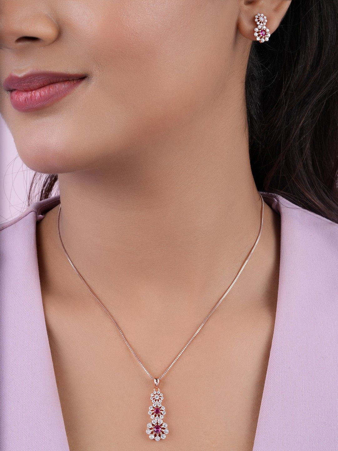 Zavya Sparkling 925 Sterling Silver Rose Gold Plated CZ-Studded Jewellery Set