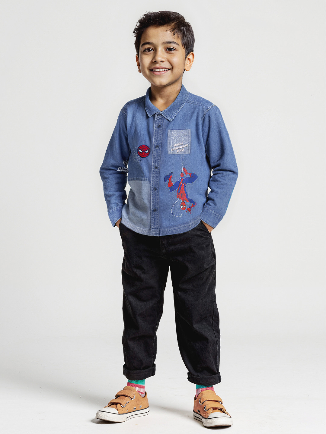 The Souled Store Boys Spider Man Web Slinger Opaque Printed Casual Cotton Denim Shirt