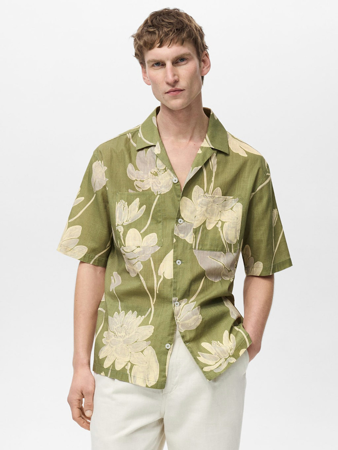 MANGO MAN Floral Print Pure Cotton Drop-Shoulder Sleeves Casual Shirt