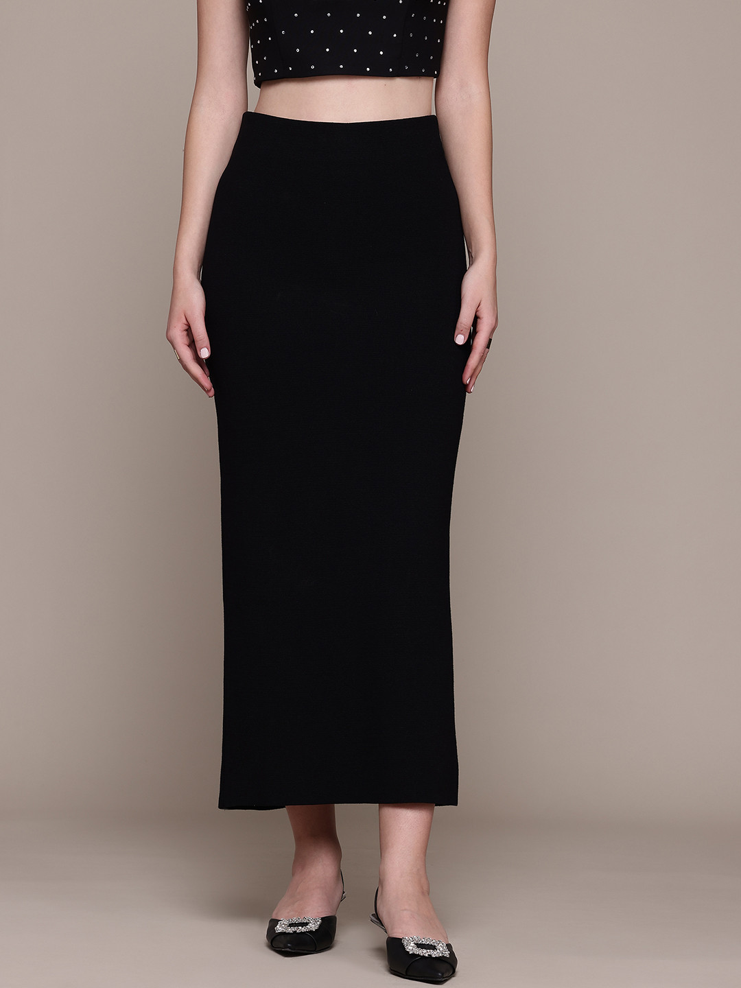 MANGO Knitted High-Rise Maxi Pencil Skirt with Back Slit