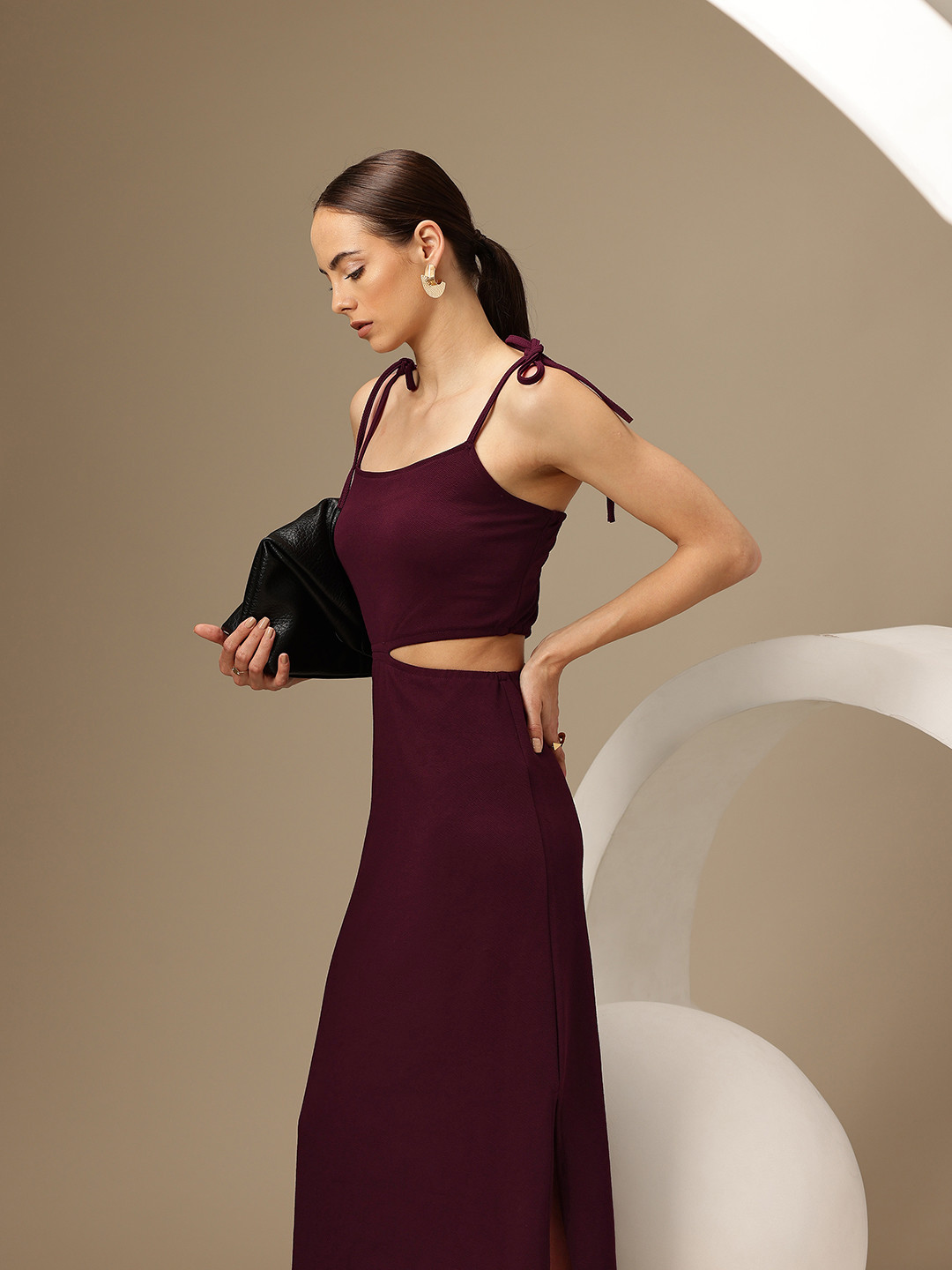Chemistry Solid Tie Straps Scuba Maxi Dress with Cut Out & Slit Details