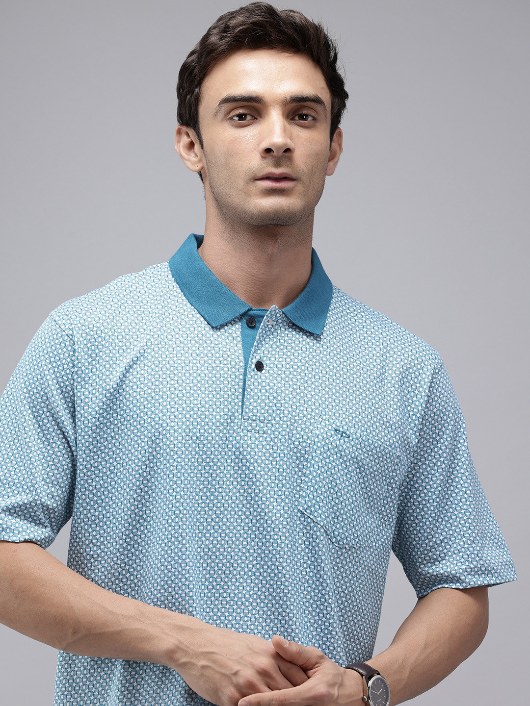 ColorPlus Geometric Printed Polo Collar Drop-Shoulder Pure Cotton Comfort Fit T-shirt