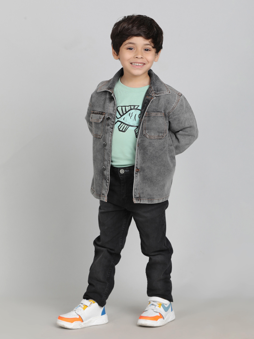 TALES & STORIES Boys Washed Outdoor Denim Jacket with Patchwork