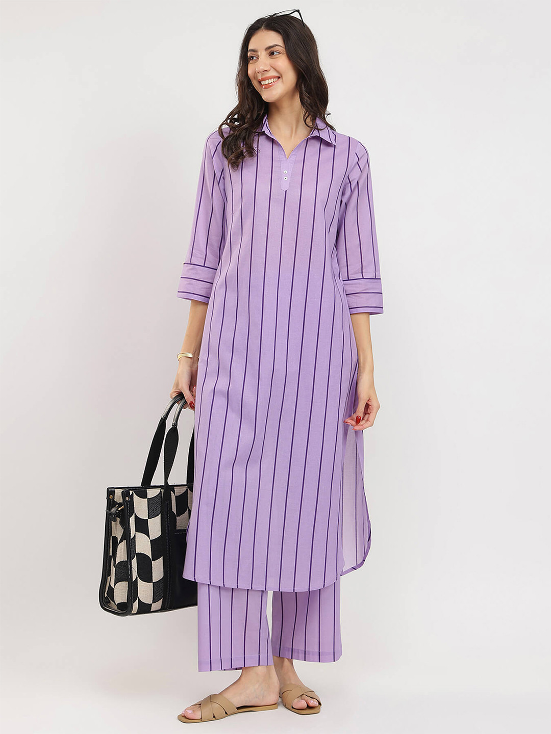 Pink Fort Purple Striped Pure Cotton Kurta with Trouser Collar Set