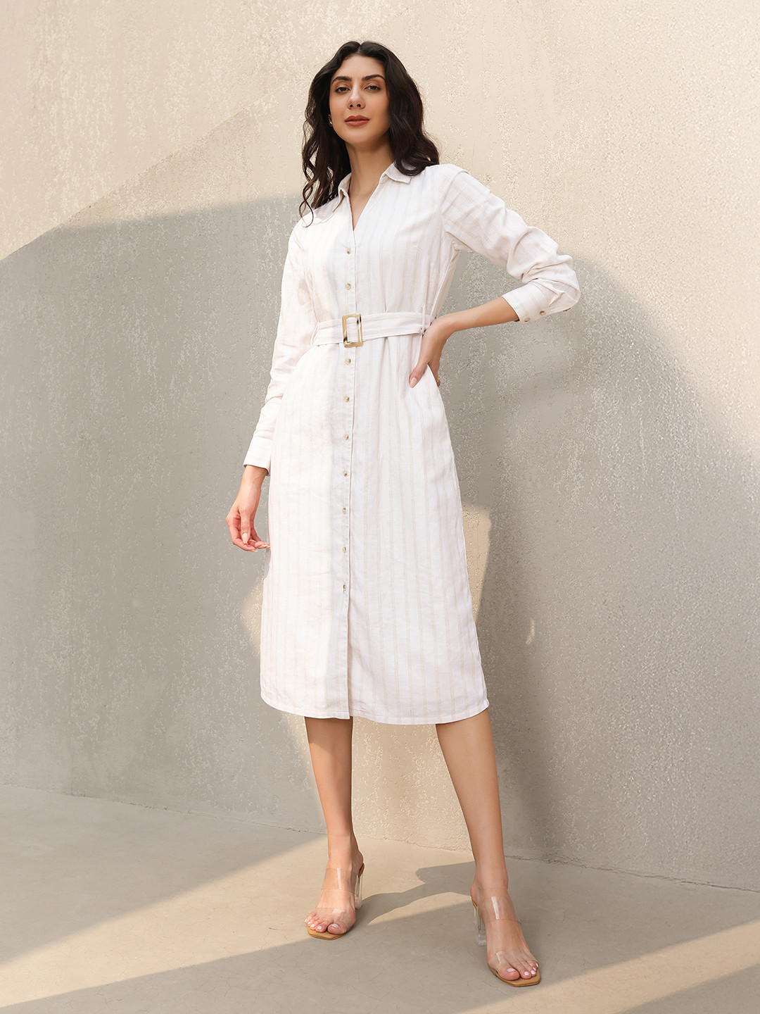 FableStreet Women Cotton Linen Shirt Dress  White