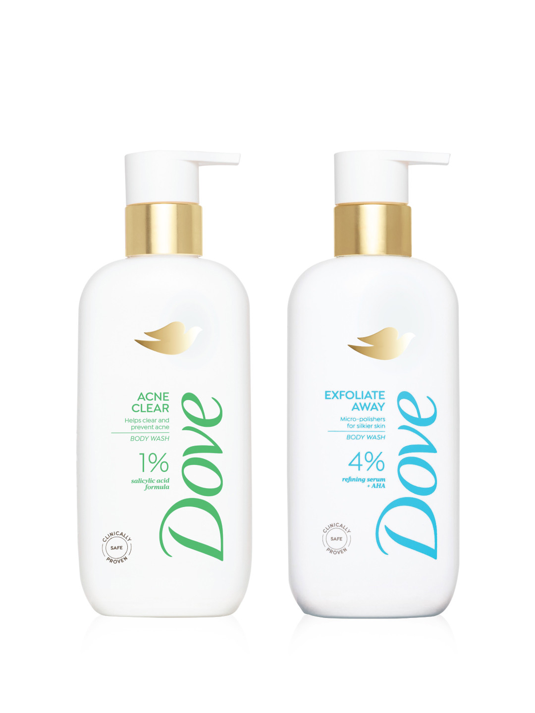 Dove Set of Exfoliate Away & Acne Clear Serum Body Wash - 300 ml each