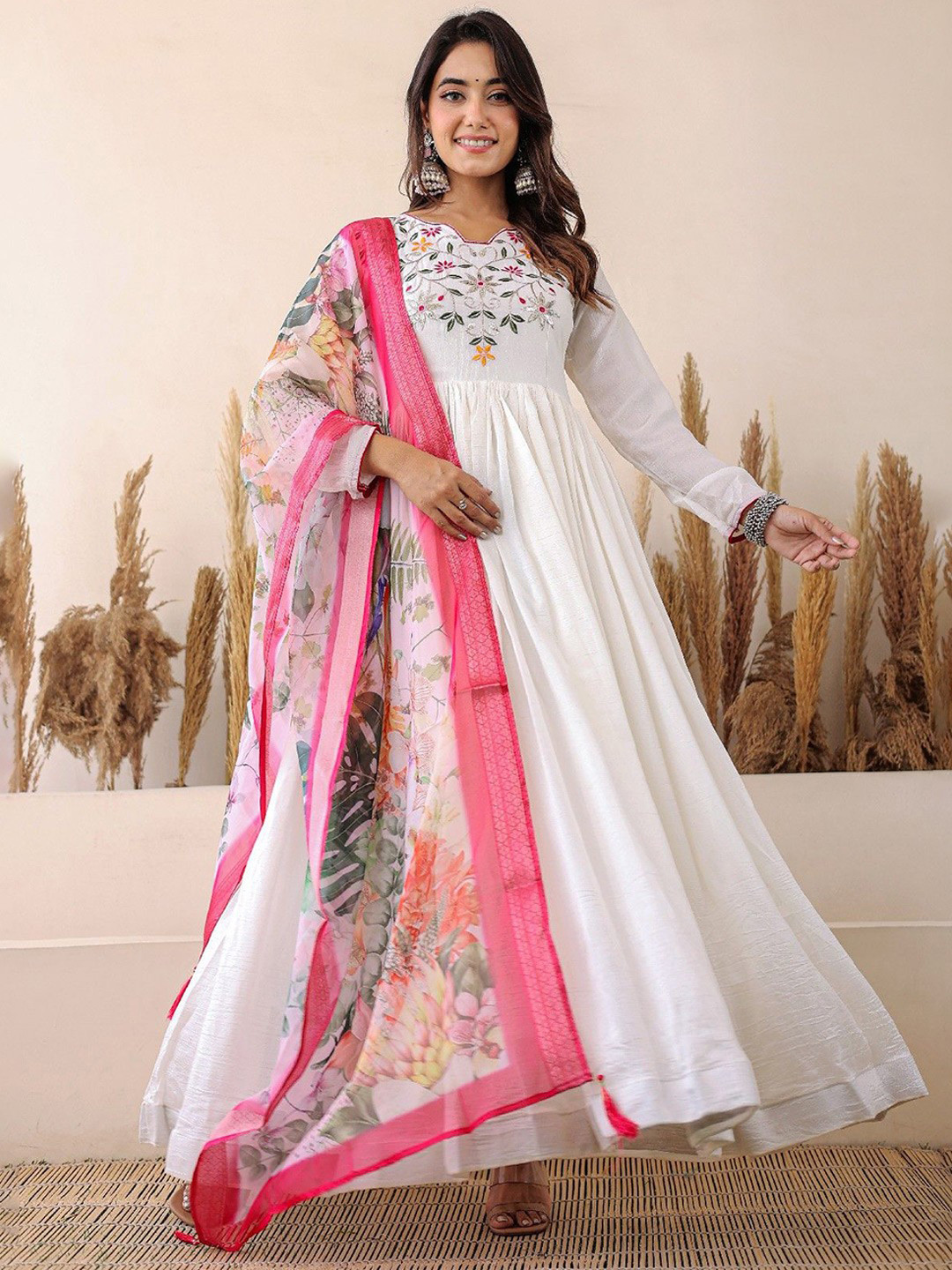 Tilton Women Floral Embroidered Kimono Sleeve Fit & Flare Maxi Gown Dress With Dupatta