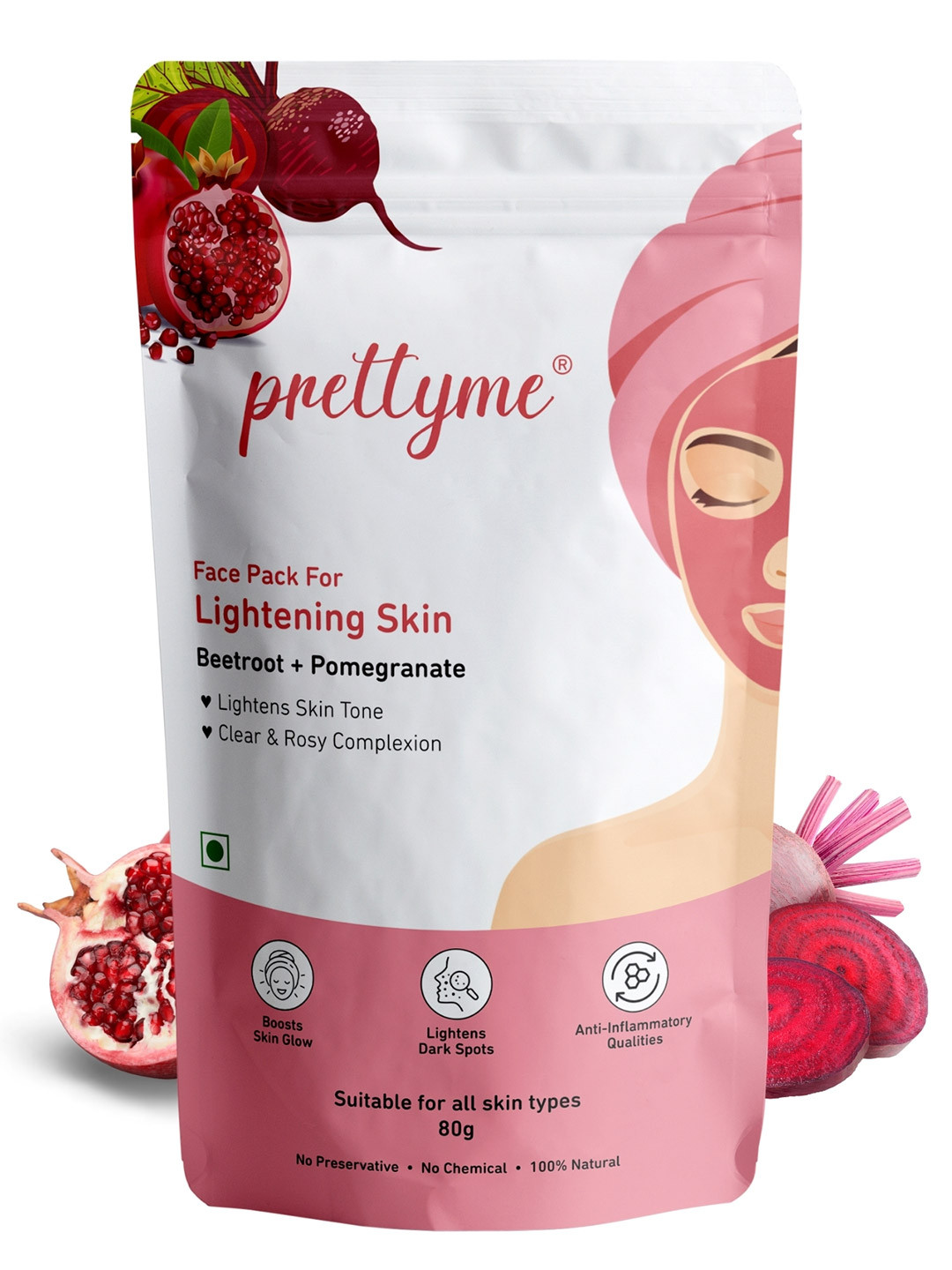 Prettyme Pomegranate & Beetroot Brighter & Glowing Skin Clay Face Mask - 80 g