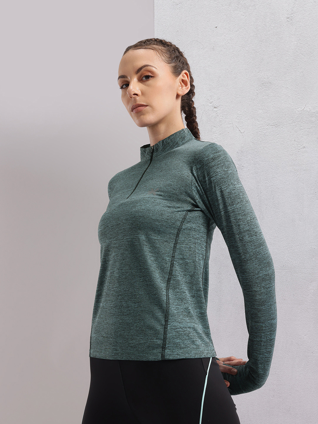 HRX by Hrithik Roshan Mock Collar Thumb Hole Sleeves T-shirt with Brand Logo Detail